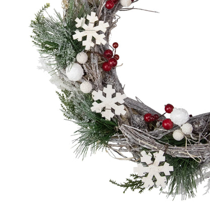Snowflakes and Berries Winter Foliage Christmas Wreath - 13" - Unlit
