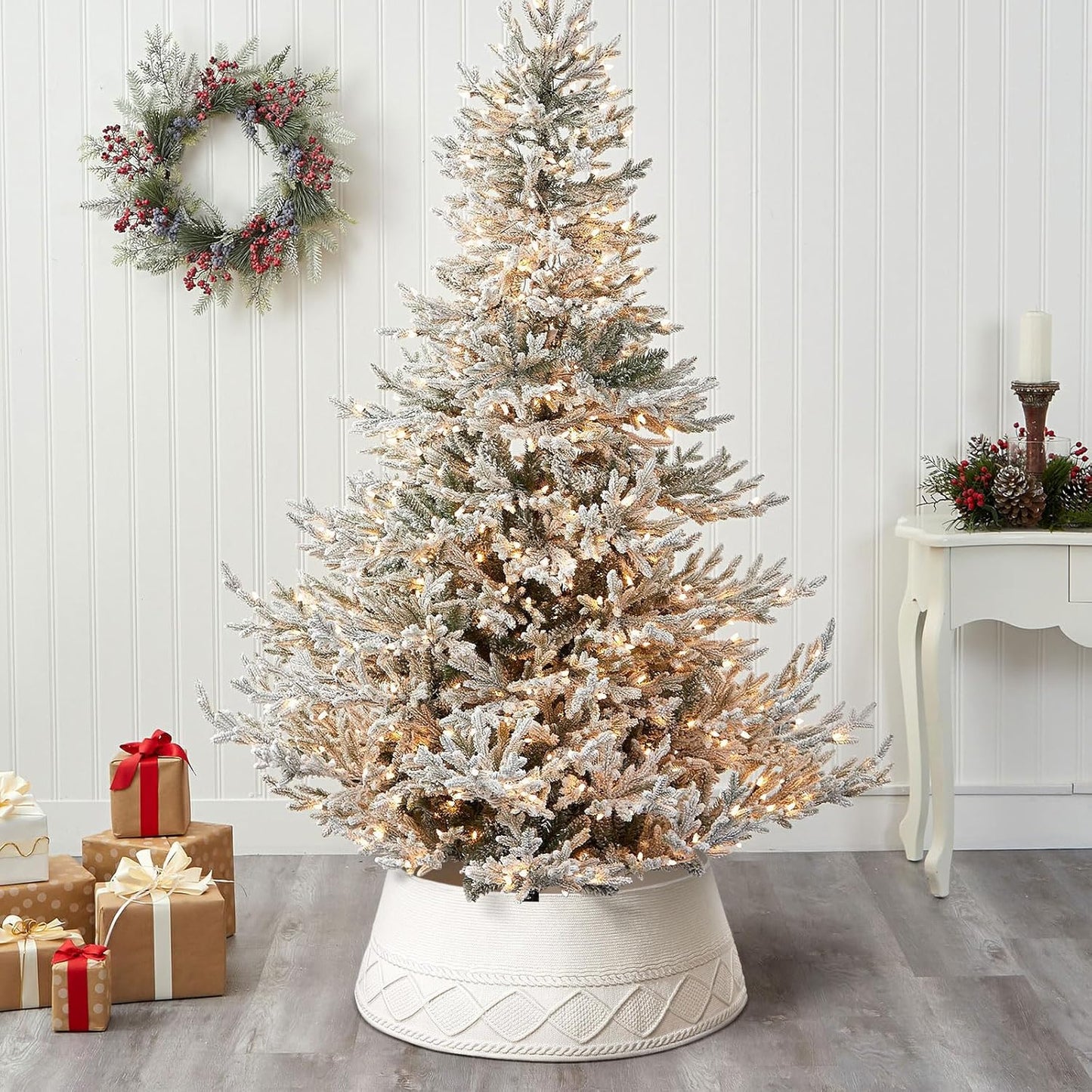 Knitted Christmas Tree Collar - Cream Chunky Cable Knit Ring for Artificial Trees, Farmhouse Rustic Stand Base Cover for Xmas Home Decor