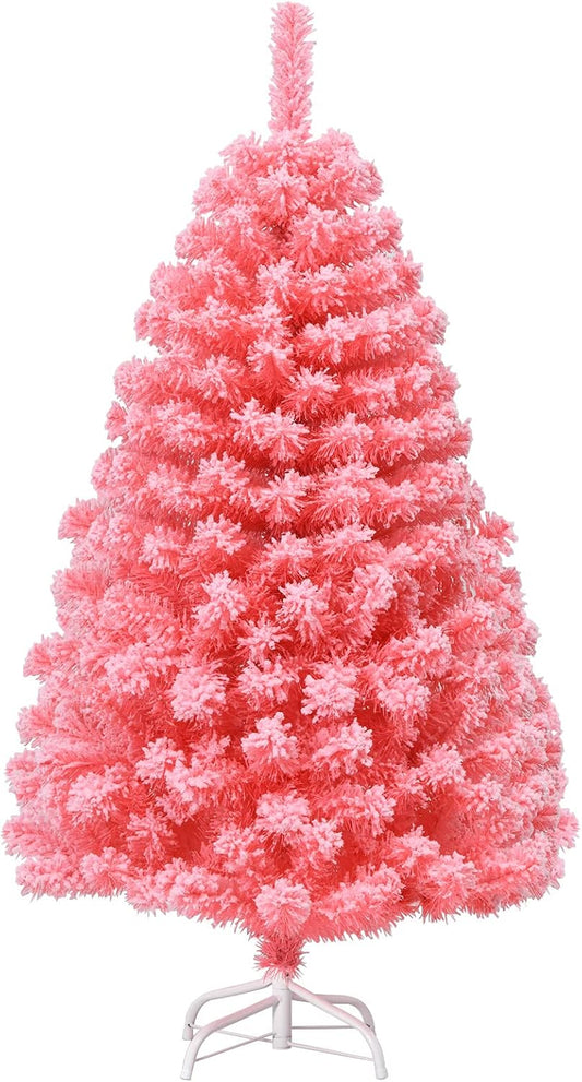 Pink Christmas Tree, 4.5 Ft Xmas Decoration Tree W/ 348 Snow Flocked PVC Tips & Metal Stand, Full-Bodied Unlit Artificial Tree for Indoor Festival Holiday Use