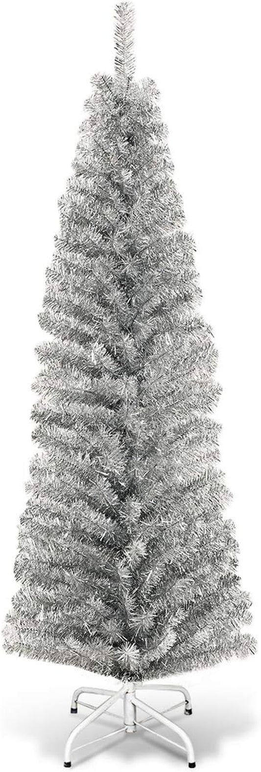 6Ft Sliver Pencil Christmas Tree, Artificial Slim Tree, Electroplated Technology, Xmas Decor for Indoor and Outdoor