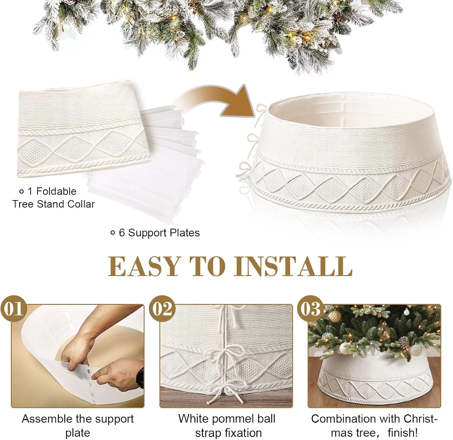 Knitted Christmas Tree Collar - Cream Chunky Cable Knit Ring for Artificial Trees, Farmhouse Rustic Stand Base Cover for Xmas Home Decor