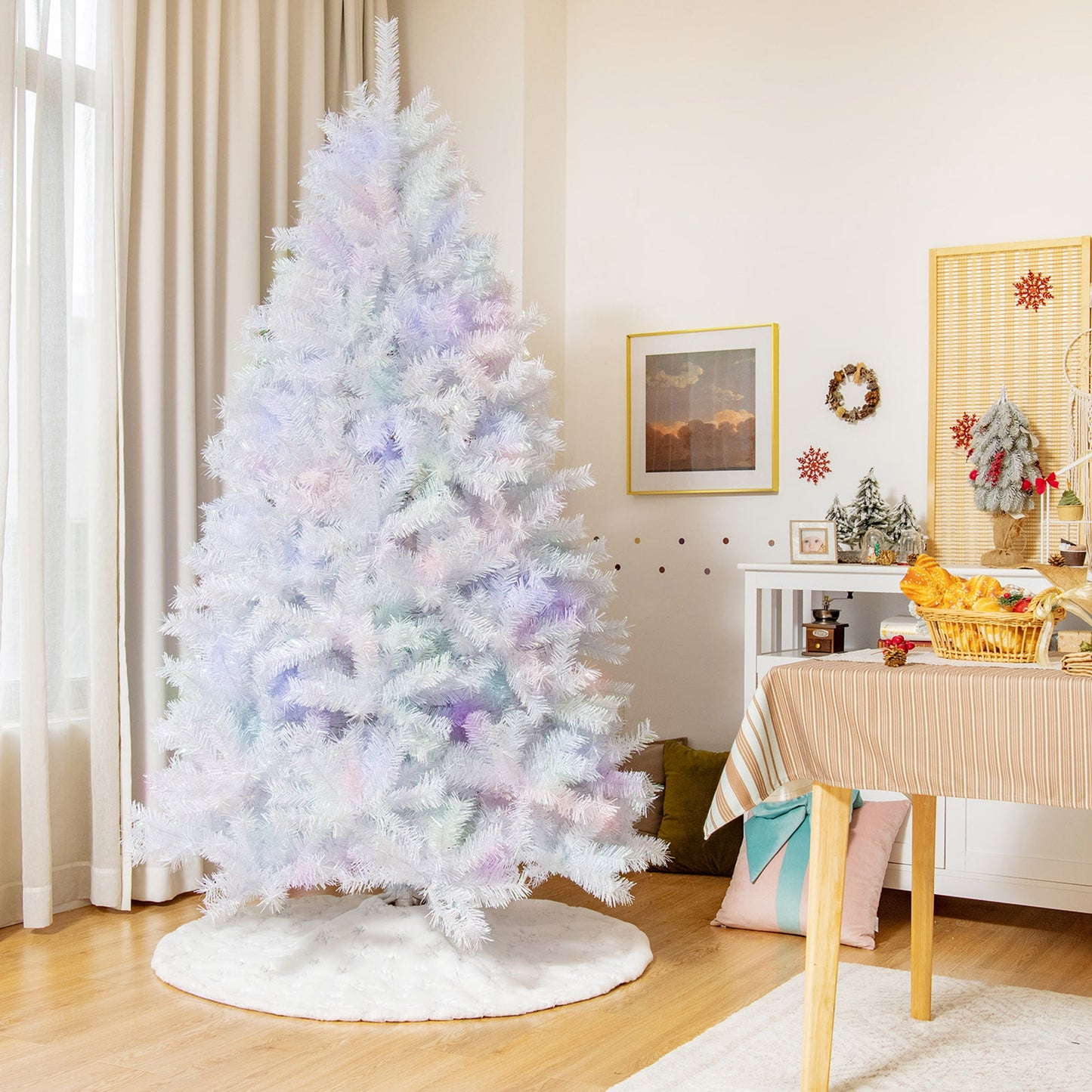 6 FT White Artificial Christmas Tree Hinged Unlit Iridescent Xmas Tree