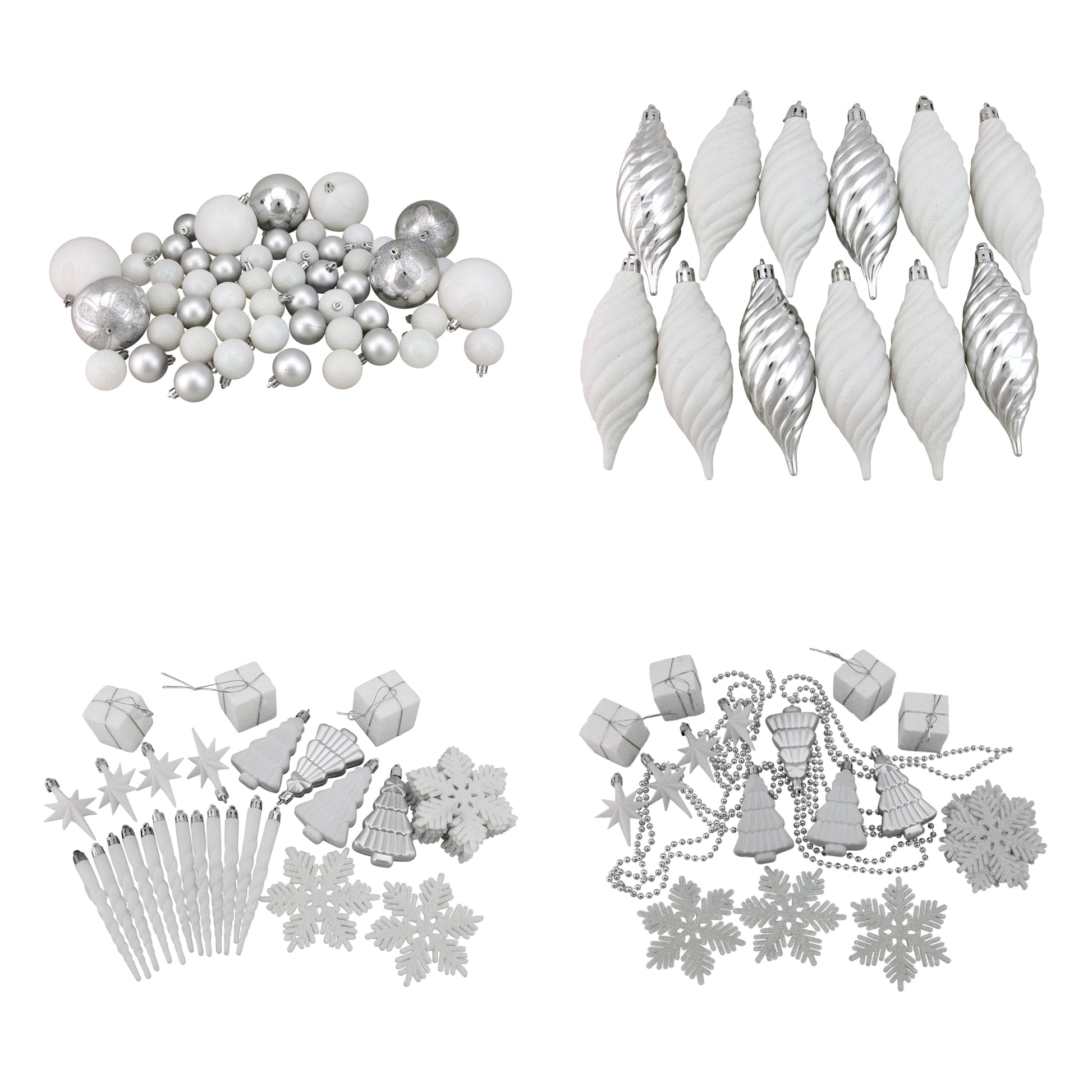 125Ct Shatterproof 4-Finish Christmas Ornament Set 5.5" - White/Silver