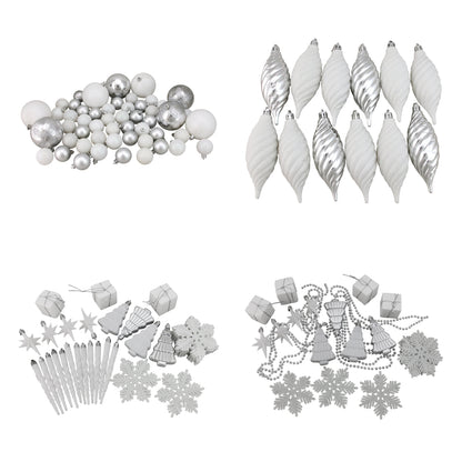 125Ct Shatterproof 4-Finish Christmas Ornament Set 5.5" - White/Silver