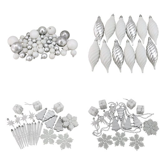 125Ct Shatterproof 4-Finish Christmas Ornament Set 5.5" - White/Silver