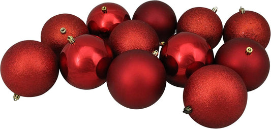 Shatterproof 4-Finish Christmas Ball Ornaments - 4" (100Mm) - Red - 12Ct