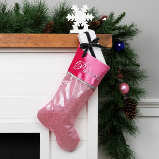 21" Pink and Silver Glittered Princess Christmas Stocking with Cuff