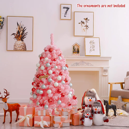 Pink Christmas Tree, 4.5 Ft Xmas Decoration Tree W/ 348 Snow Flocked PVC Tips & Metal Stand, Full-Bodied Unlit Artificial Tree for Indoor Festival Holiday Use