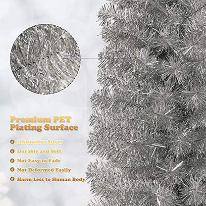 6Ft Sliver Pencil Christmas Tree, Artificial Slim Tree, Electroplated Technology, Xmas Decor for Indoor and Outdoor
