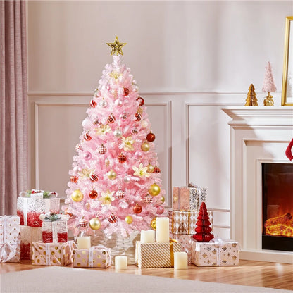 4.5Ft Pre-Lit Fir Artificial Christmas Tree with Foldable Stand, Pink