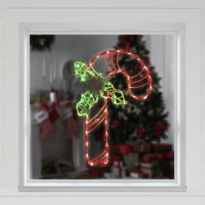 18" Lighted Candy Cane with Holly Christmas Window Silhouette Decoration