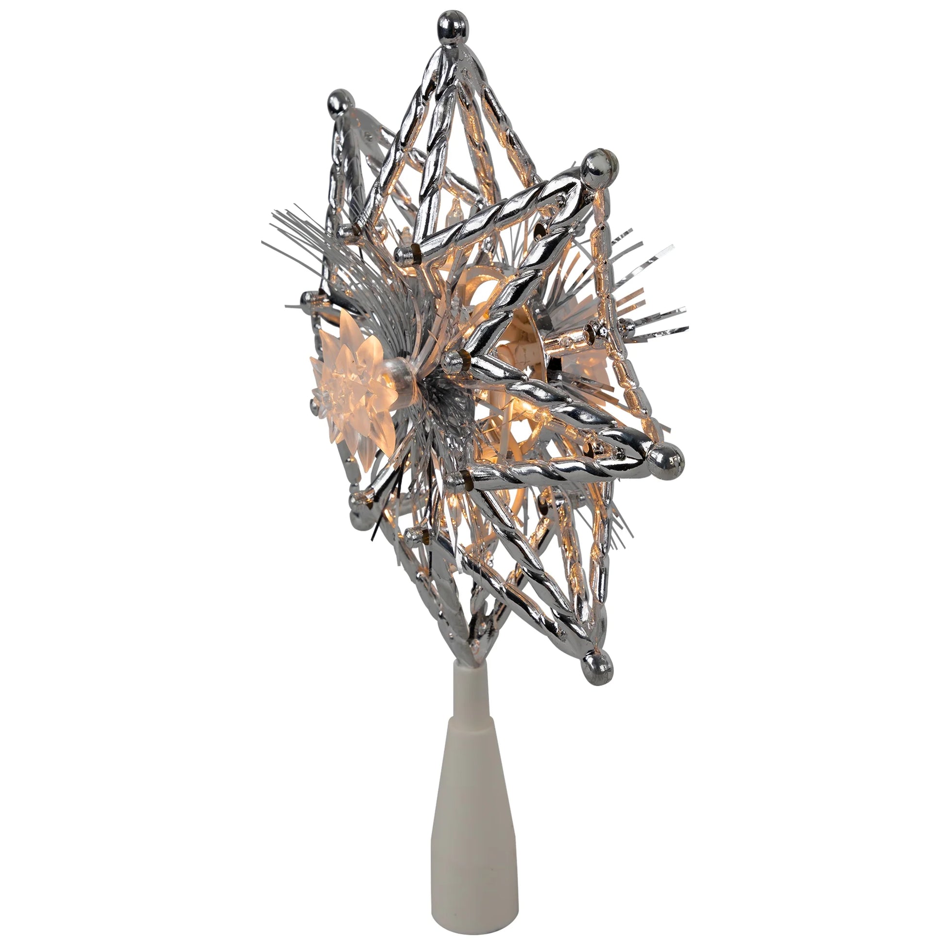 8" Lighted Silver Tinsel Star Christmas Tree Topper - Clear Lights, White Wire