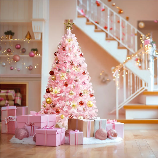 4.5Ft Pre-Lit Fir Artificial Christmas Tree with Foldable Stand, Pink