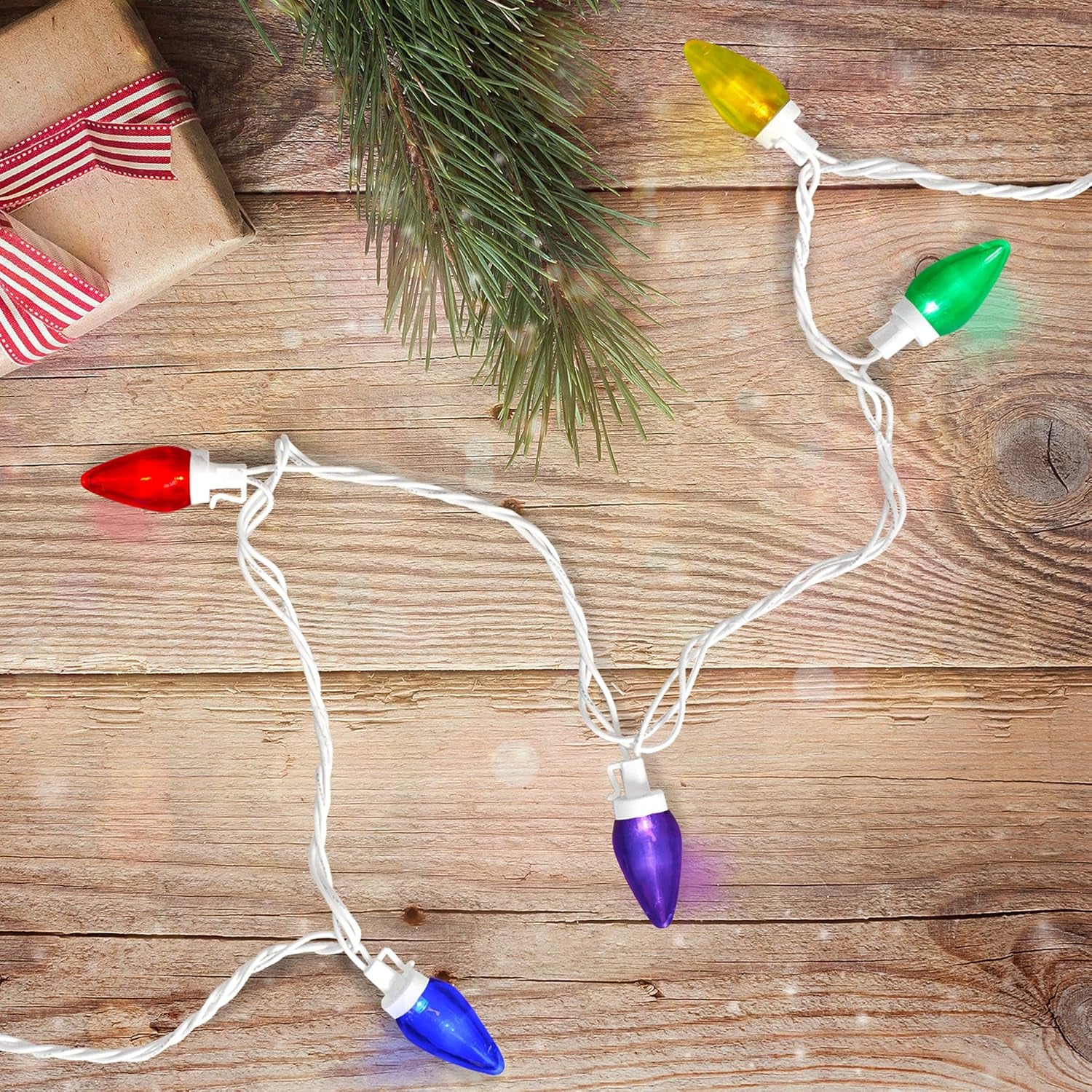 25 Count Multi-Color LED C7 Christmas Lights, 16 Ft White Wire