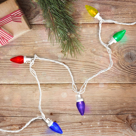 25 Count Multi-Color LED C7 Christmas Lights, 16 Ft White Wire
