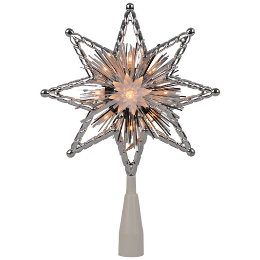 8" Lighted Silver Tinsel Star Christmas Tree Topper - Clear Lights, White Wire