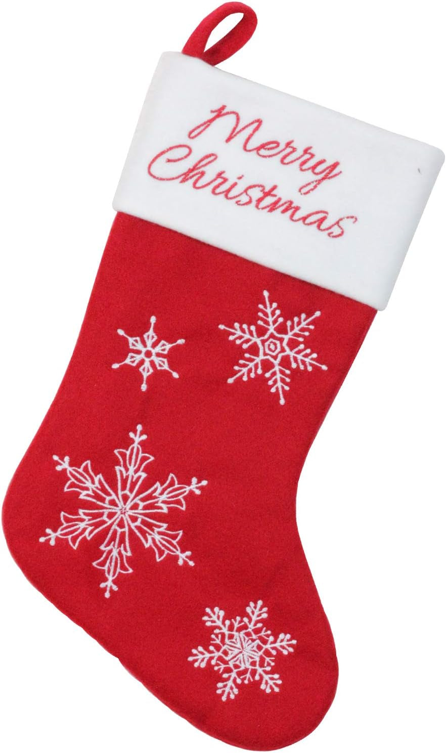 Merry Snowflake Embroidered Christmas Stocking, 18", White/Red