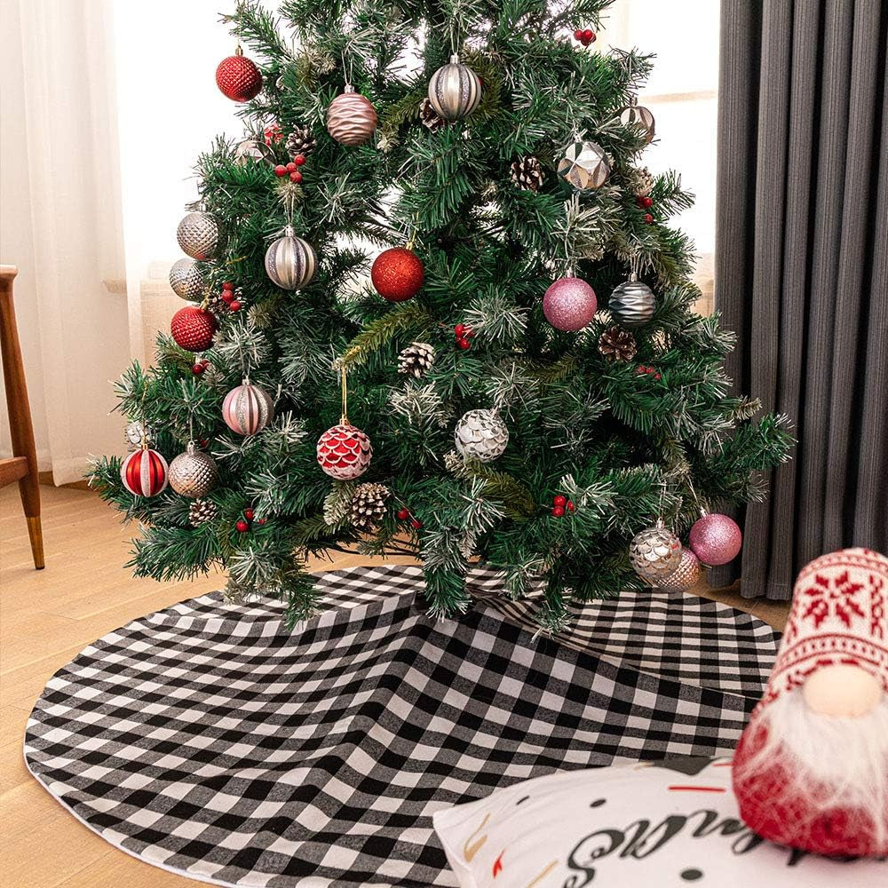 Home Buffalo Plaid Christmas Tree Skirt 90Cm Black and White Checkered Christmas Tree Skirt for Christmas New Year Home Party Decorations Xmas Tree Skirt (Black & White, 35Inches)
