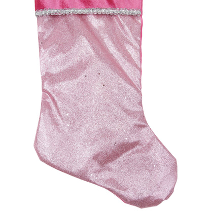 21" Pink and Silver Glittered Princess Christmas Stocking with Cuff