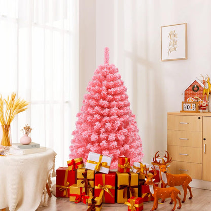 Pink Christmas Tree, 4.5 Ft Xmas Decoration Tree W/ 348 Snow Flocked PVC Tips & Metal Stand, Full-Bodied Unlit Artificial Tree for Indoor Festival Holiday Use