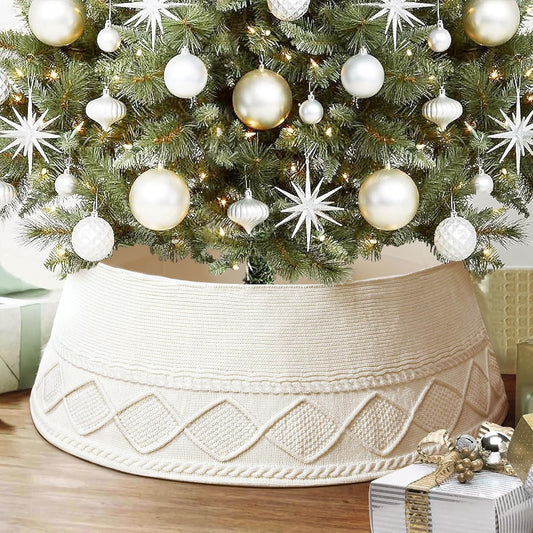 Knitted Christmas Tree Collar - Cream Chunky Cable Knit Ring for Artificial Trees, Farmhouse Rustic Stand Base Cover for Xmas Home Decor