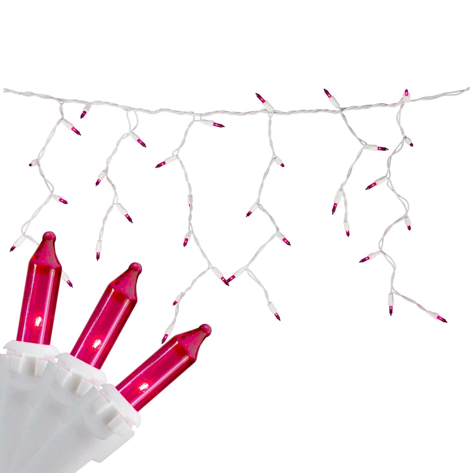 34186429 Mini Icicle Christmas Lights - Pink - 7.75' White Wire - 100Ct