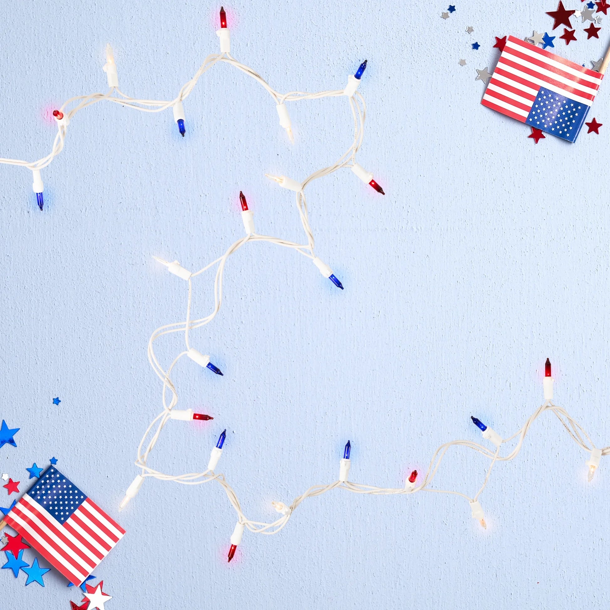 Mini Christmas Light Set - Red White and Blue - 10' White Wire - 50Ct