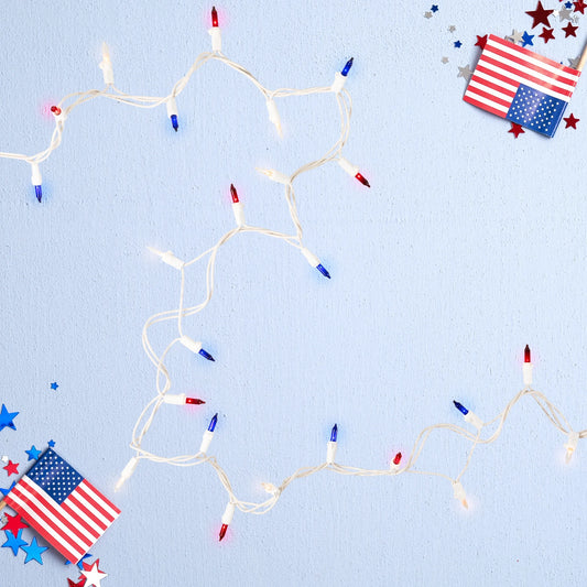 Mini Christmas Light Set - Red White and Blue - 10' White Wire - 50Ct