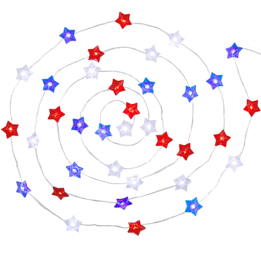Battery Operated Red, White & Blue Star Fairy Lights
