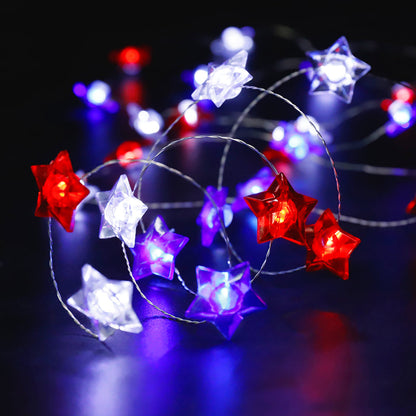 Battery Operated Red, White & Blue Star Fairy Lights